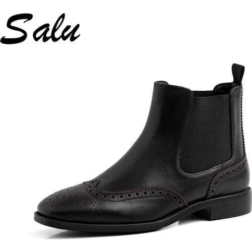 2020 ankle Boots Genuine leather Casual Round Toe Platform Fashion Women Boots Cow Leather Autumn Winter Slip on Women Shoes