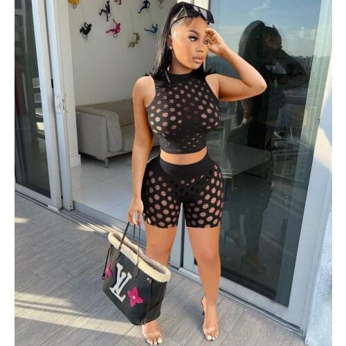2021 Best Quality Famous Brand 2 pcs Women Set Solid Hole O-neck Sleeveless Short Tops and Shorts Summer Casual Outfits