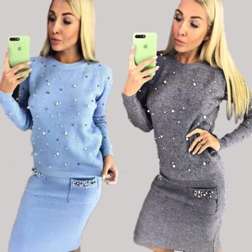 Womens Autumn And Winter Knitted Sweater And Pants Two Piece Set Women Elegant Round Neck Sweater And Skirt Tracksuit