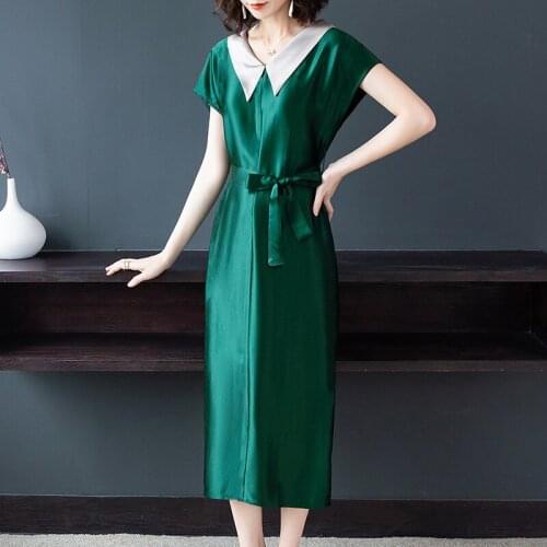 Women Elegant Fashion Black Mulberry Silk Satin Midi Dress 2021 Summer Vintage 3XL Plus Size Solid Dress Bodycon Party Vestidos