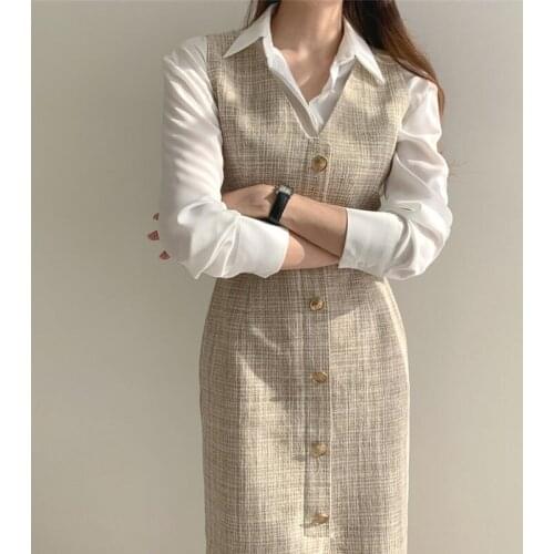New Simple check single-breasted slim elegant sleeveless dress vest dress Spring Autumn 2021 Retro Office ladies casual dresses