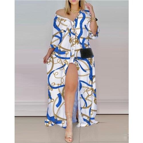 Autumn 2021 Loose Long-Sleeve V-Neck Striped Shirt Dress Women Clothing Splice Fashion Printing Split Fork Irregular Maxi Dress