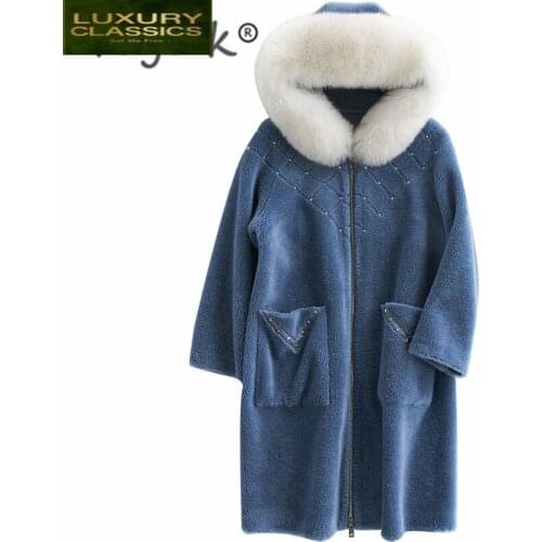 Fur Coat Winter Real 100% Sheep Shearing Jacket with Large Fox Fur Hooded 2021 Korean Thick Warm Wool Long Jacke 18231051