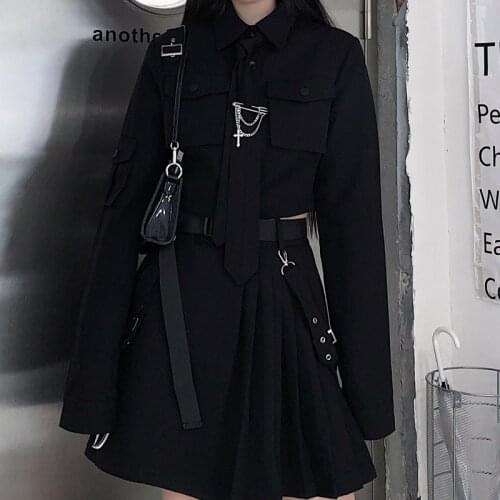 Zoki Women Two Piece Set Sexy Dark Wind Pleated Skirt Long Sleeve Solid Straight Shirt Korean Plus Size Gothic Summer New 2021