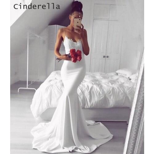Cinderella White Scoop Spaghetti Straps Court Train Silk Satin Lace Applique Prom Dresses Lace Mermaid Party Gowns For Prom