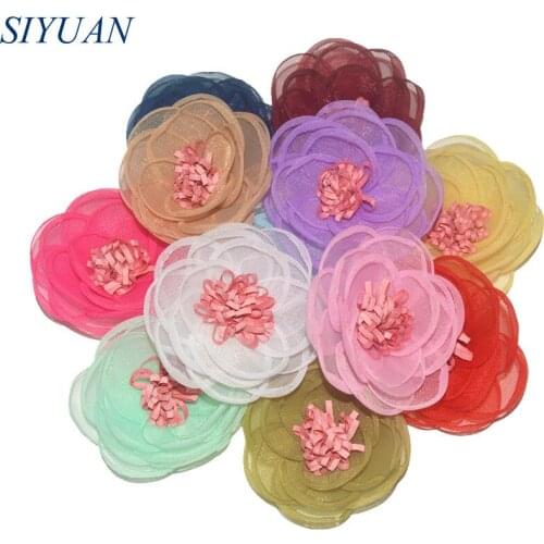 20pcs/lot 3 inch Multi Layer Burned Silk Fabric Flowers with Tissue Stamen Handmade Fabric Flowers for Headwear DIY TH263