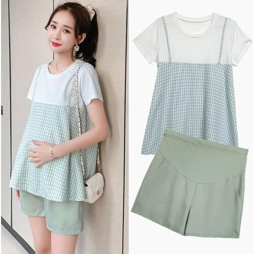 81208# T shirt + Maternity Pants Two-piece Maternity Clothes Loose Stylish Short Sleevess Set Pregnant Women Pregnancy Clothes
