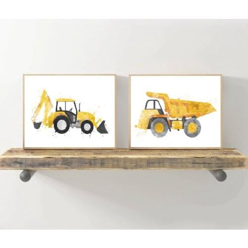 Watercolor Excavator Art Painting Pictures Kids Boy Room Wall Decor , Construction Dump Truck Art Prints Baby Boys Room Posters