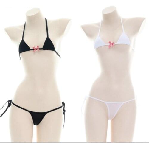 White Mini Ice Silk Cute Bow Bikini Set Pajamas Sexy Lolita Bandage Bra & Panties Set Japanese Soft Girl Cosplay Lingerie Set