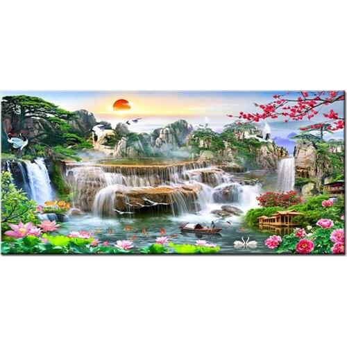 Large 5D Diy Plum Blossom Lotus Diamond Painting Sunset Scenery Full Square Round Waterfall Diamond Embroidery Mosaic F22