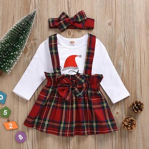 TALLOLY Hot-selling Girls' Skirt Set Letter Printing Long Sleeve Romper and Check Strap Skirt Hair Band Three-piece Set