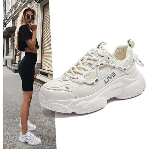 2021 Spring Women Platform Sneakers Casual Shoes Leather Dad Fashion Chunky Thick Sole Tenis Wedge Basket Walking Sneakers White