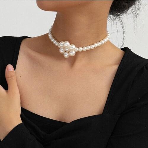 Sweet Single Layer Woven Imitation Pearl Necklace Simple Handmade Geometric Flower Necklace Women Jewelry Weddings Gifts