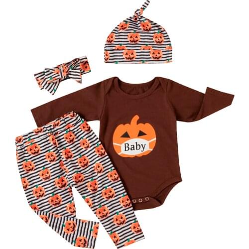 My First Halloween Clothes Sets Infant Baby Boys Girls Halloween Pumpkin Romper+Pants+Hat+Headbands Outfits Set