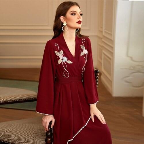 Islamic Womens Abaya Dress High Quality Muslim Elegant Embroidery Design Wine Red Pearl Diamond Decoration Fashion Long Sleeve