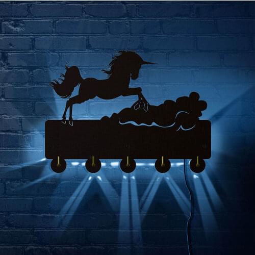Jumping Unicorn LED Lighted Wall Hooks Flying Horse Wall Hanger Luminous Keys Holder Clothes Coat Rack Unicorn Lover Kids Gift