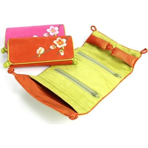 Portable Suede Leather Jewelry Roll Up Travel Bag Folding Embroidered flower Chinese Jewelry Bags Pouch 10pcs/lot