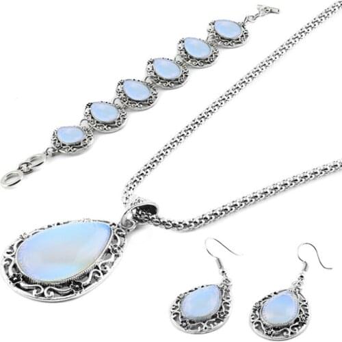 FYJS Unique Silver Plated Water Drop Pendant Opalite Opal Necklace Earrings Ethnic Style Bracelet Decoration Jewelry Sets
