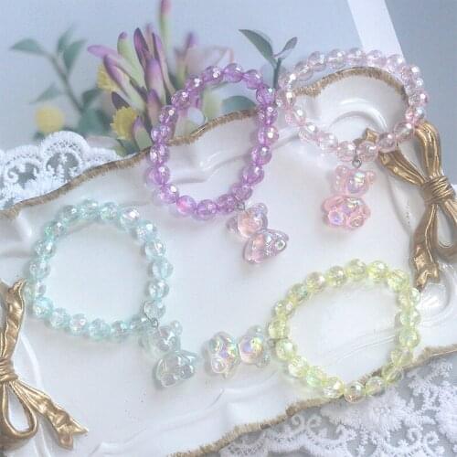 Rainbow Round Clear Crystal Beads Adjustable Bracelet Bangles for Women Girls Kids Cute Bear Pendant Charm Bracelets Jewelry