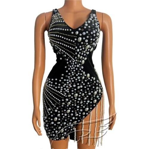Sexy White Rhinestone Black Slim Stretch Split Short Dress Stage Evening Dresses Fringed Pole Performance Costumes XS1054