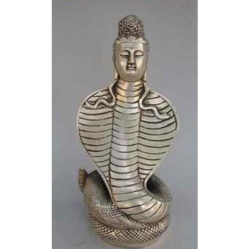 Elaborate Collectible Decorated Old Tibet Silver Carved Kwan-yin Snake Statue