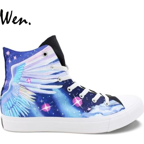 Wen Original Design Hand Painted Shoes Unicorn Pegasus Wings Starry Sky High Top Canvas Sneakers Women Men Skateboarding Shoes