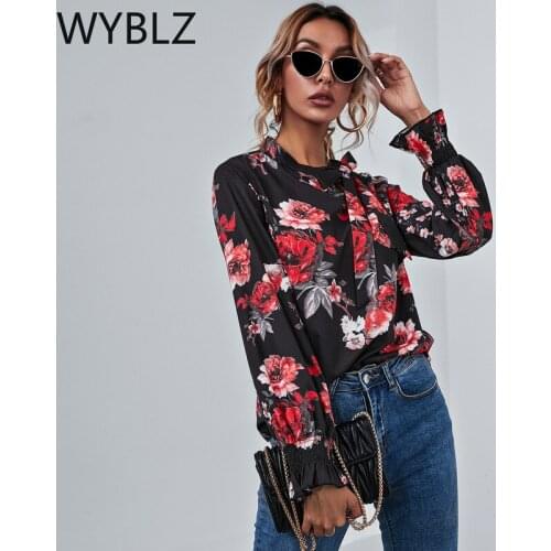 WYBLZ Chiffon Blouses Casual Stand Collar Floral Women Clothing Long Sleeve Printed Shirt Women Tops 2021 Autumn Spring Women
