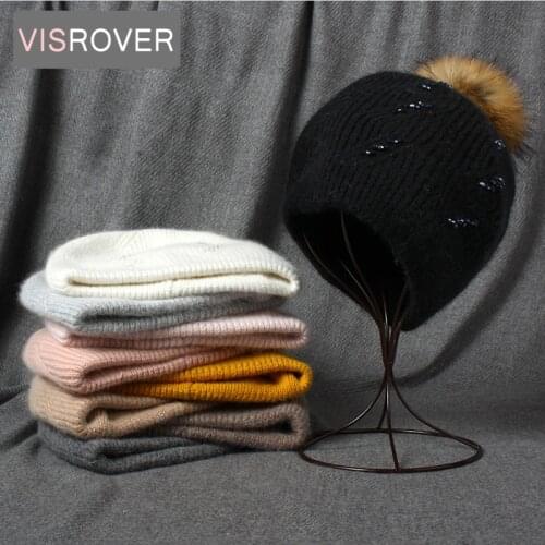VISROVER 8 Rabbit Cashmere unisex Woman Winter Hat With Bead Autumn Beanies With Pompom Cashmere Woman Warm Wool Skullies Gift