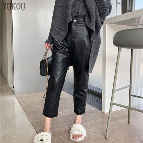 Women Pants 100% Genuine Sheep Leather 2020 Fashion Real Genuine Sheep Leather Crop Jeans Harem Pants