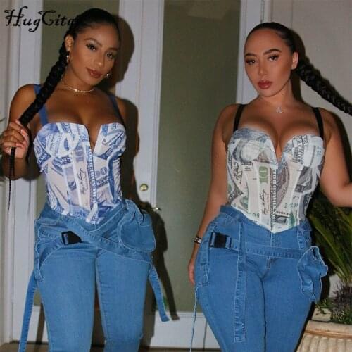 Hugcitar 2020 Money Print Bodycon Corset Crop Top Autumn Winter Women Fashion Streetwear Outfits Club Tees