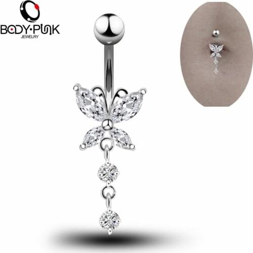 BODY PUNK Luxury Brand Fashion Body Jewelry Silver Color With Rhinestone Butterfly Shape Belly Button Piercing Rings For Women