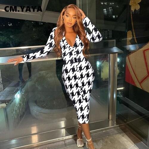 CM.YAYA Women Midi Dress Bird Lattice Cleavege Bodycon Vestidos Sexy Night Club Party Dresses for Ladies Fashion Outfits Autumn