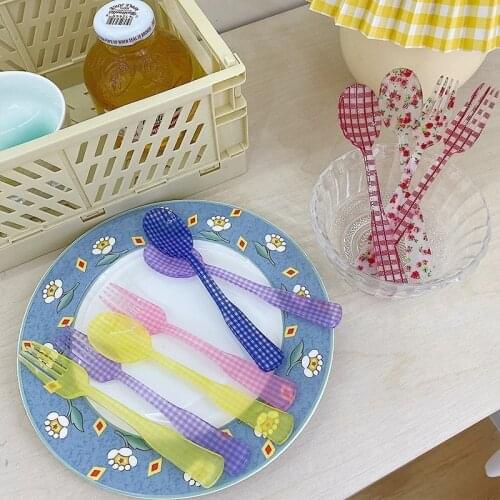2Pcs/Set French Style Retro Plaid Dessert Spoon Fork Plastic Tea Coffee Mixing Spoon Vintage Drink Tableware Flowers Teaspoons