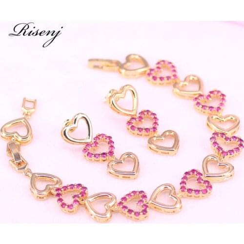 3 Colors Rose Red Zircon Heart in Heart Square 18k Gold Jewelry For Female Stud Earrings Bracelet Set Best Birthday Present