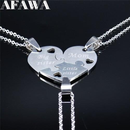 3pcs Mom Big Sister Litter Sister Stainless Steel Chain Necklaces Women Silver Color Heart Necklace Jewelry naszyjniki N3096
