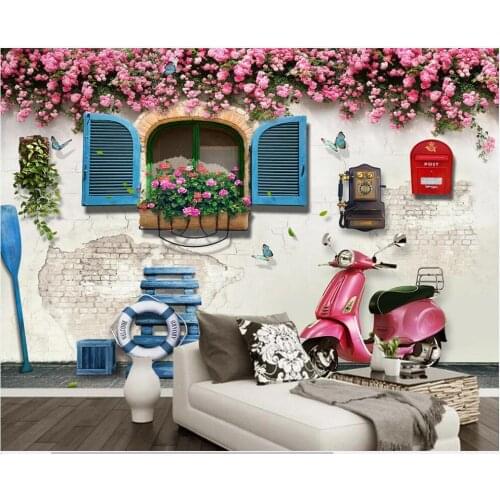 3d wallpaper custom photo Brick wall rose window motorcycle tv background home decor 3d wall murals wallpaper for living room