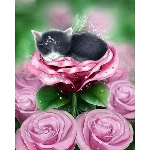 5D DIY Full Round/Square Diamond Painting "Cat On Roses "Cross Stitch 3D Embroidery Rhinestone Mosaic Home Decor Art Y1623