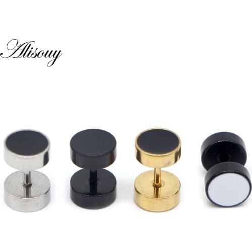 Alisouy 2pcs Stainless Steel Earring Studs Girl Boy Earrings Drip Oil Round Barbell Body Piercing Jewelry Fake Ear Plug Tunnels