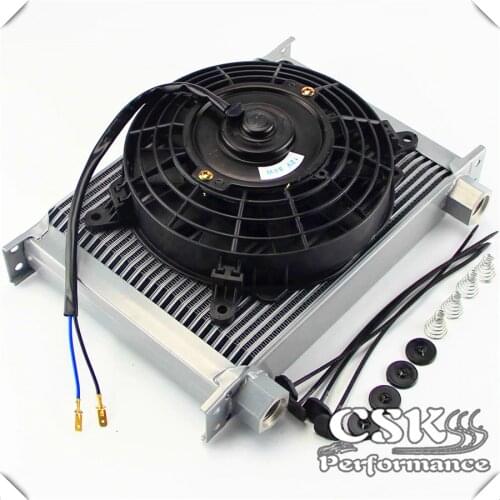 AN10 Universal 28 Row Engine Female 7/8-14 Oil Cooler + 7" Electric Fan Silver