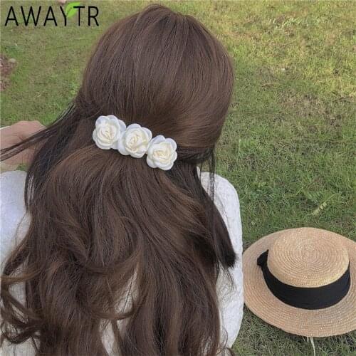 AWAYTR New Rose Flower Hairpins Barrettes Solid Color Flower Side Hair Clips For Women Ponytail Holder Hair Accessories
