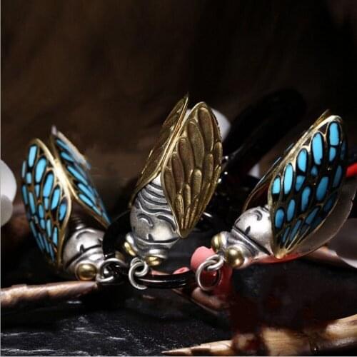 BOCAI Real s925 pure silver small bell pendant metal movable wings raw ore turquoise golden cicada bell good luck pendant