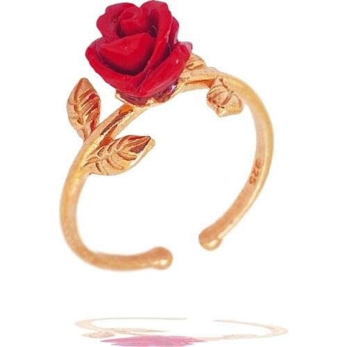 Rose Leaf Pattern Ceramic 925 Sterling Silver Adjustable Silver Ring