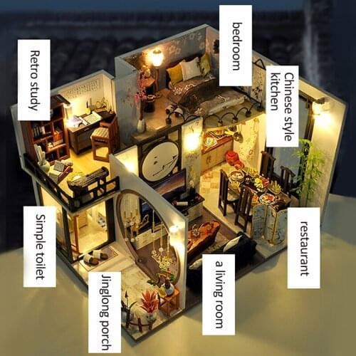 Wooden Miniature Dollhouse Kit Diy Doll House With Furniture Chinese Style Little House Dolls Toys For Children Christmas Goods