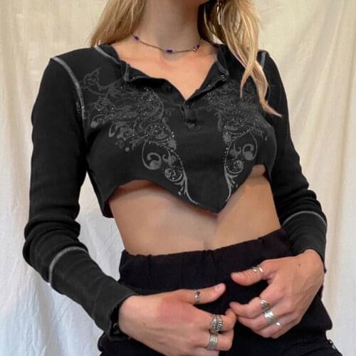 Grunge Harajuku Printed Crop Tops Long Sleeve T-shirts Women Dark Academia Sexy Autumn Pullover Irregular Hem Clothes