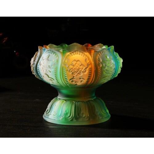 GOOD Wholesale Buddhist articles -efficacious HOME family Protection Talisman- Colored Glaze Lotus lamp holder Holy water cup
