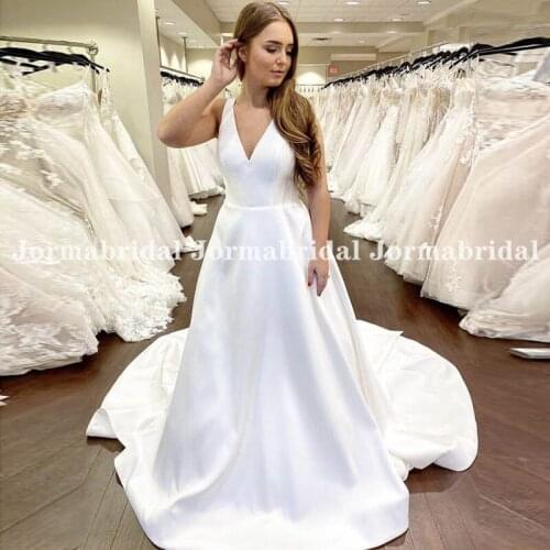 Classic White Satin Wedding Dresses With Bow Sash 2021 Open Back Long Train A-Line Bridal Gowns Vestido De Festa De Casamento