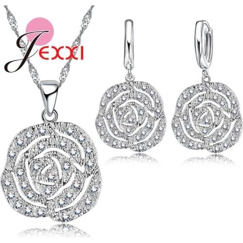 Vintage Women Jewelry Sets For Anniversary Gifts Flower 925 Sterling Silver Cubic Zirconia Earrings Nekclace Jewelry Set