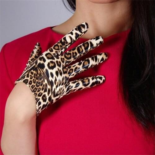 Leopard Leather Gloves 16cm Patent Leather Ultra Short Emulation Leather PU Bright Brown Leopard Animal Pattern Female WPU29
