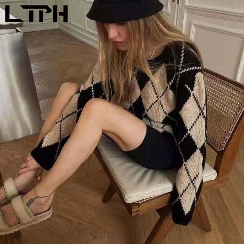 LTPH vintage argyle women sweaters O-Neck pullovers loose knitted jumpers soft warm American long sleeve top 2021 autumn new