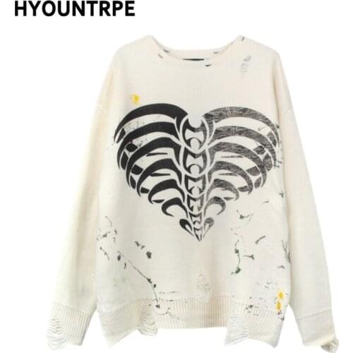 Mens Hip Hop Streetwear Skull Graffiti Harajuku Sweaters Casual Knitted Sweater Ripped Holes Cotton Pullover Men Jumper Sweater